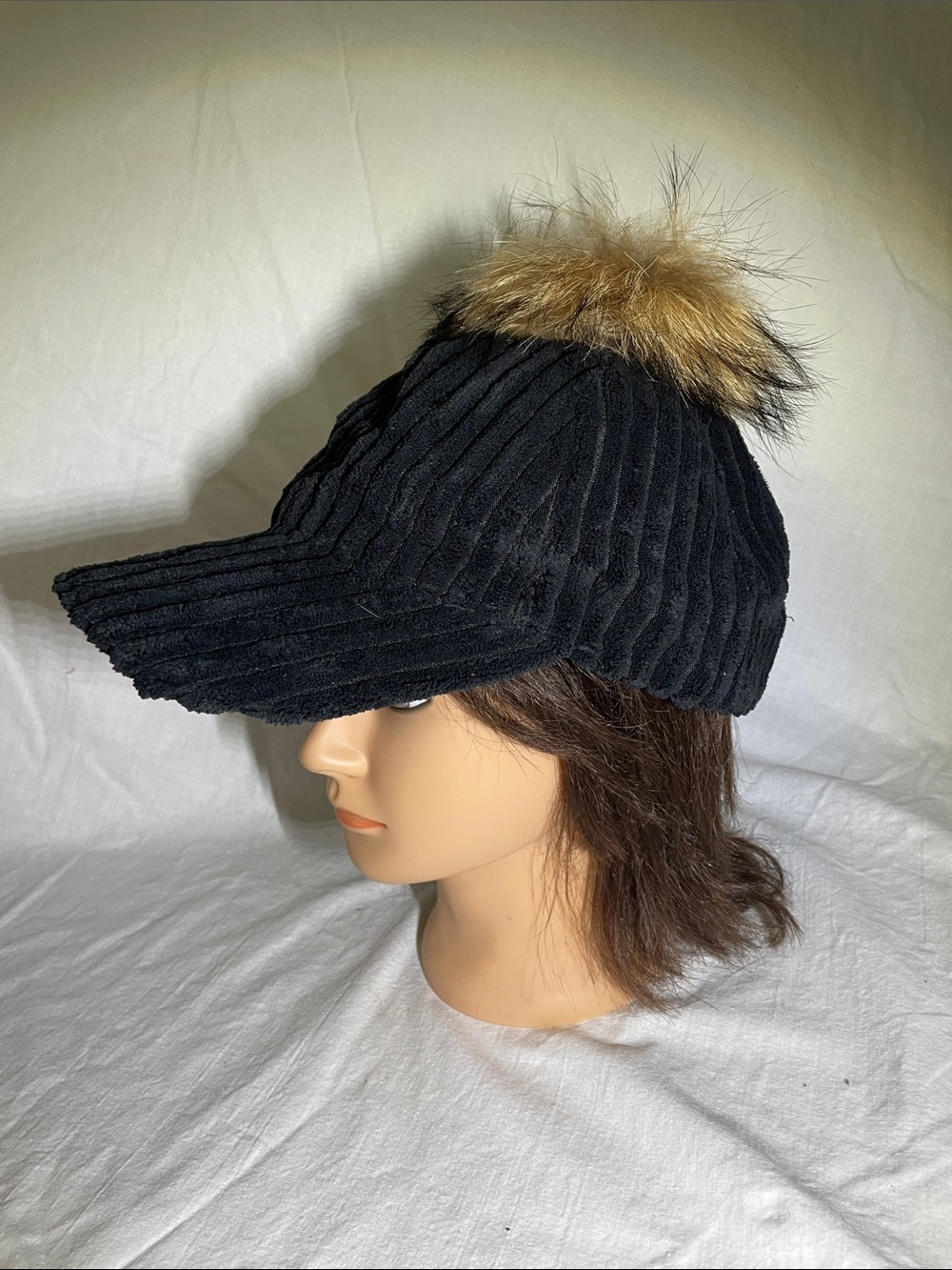Black Ribbed Corduroy Cap with Tan Faux Fur Pom-Pom - Women's Hat
